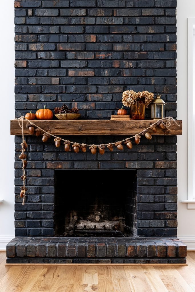 Rustic fieldstone fireplace with an acorn and pinecone garland, brown gourds, dried wheat, and vintage pottery.