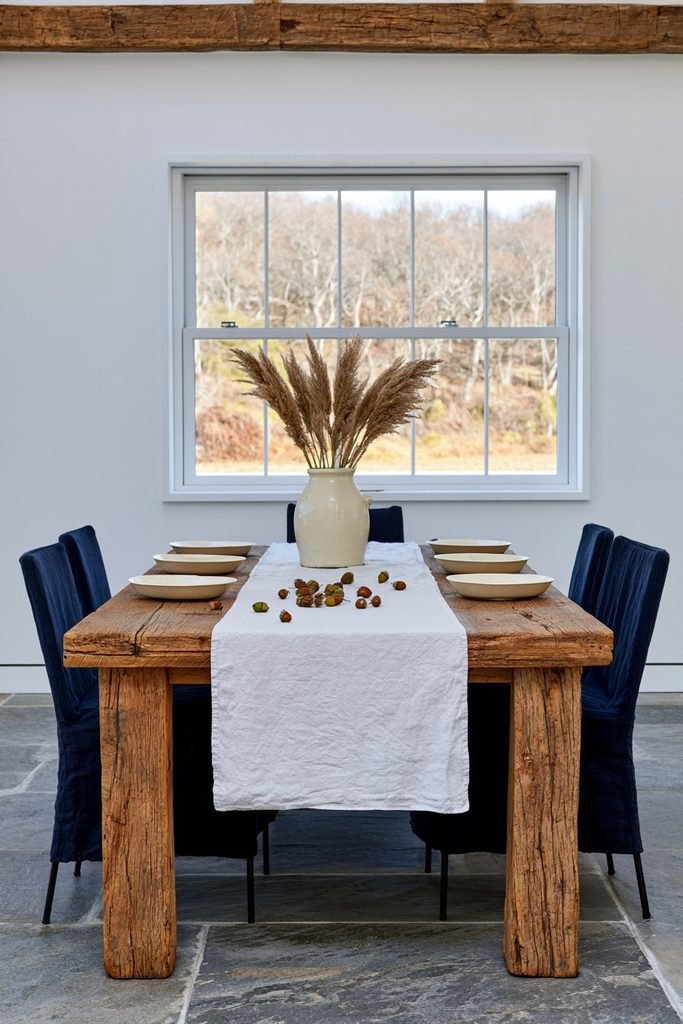 Acorns and pampas grass scattered along a neutral fall table runner
