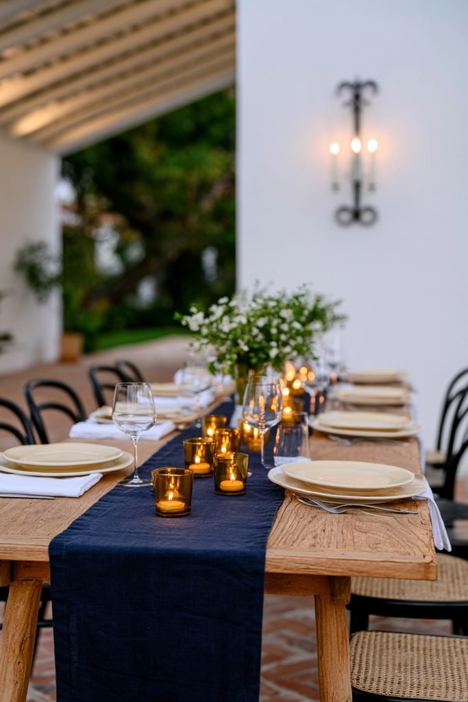 Amber glass votive candles lining a dusty blue linen table runner