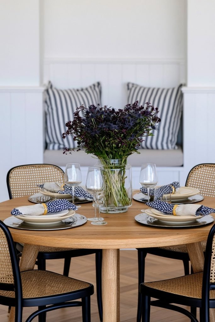 Blue and white napkin rings with a gilded edge on a fall dining table