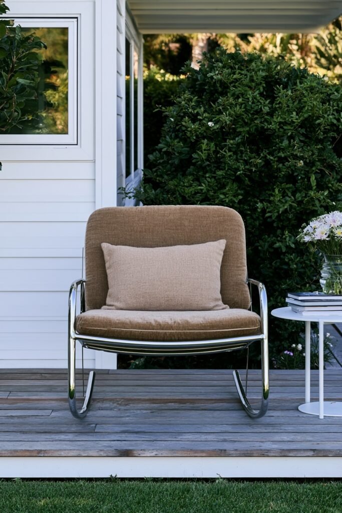 Farmhouse fall porch rocking chair with burlap pumpkin-print pillow covers