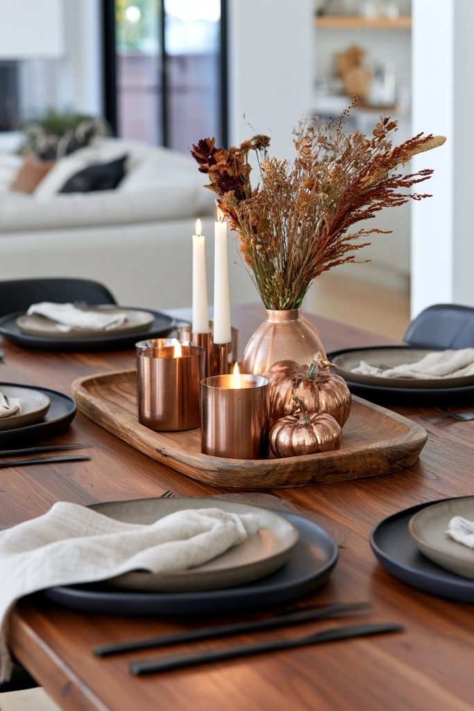 Fall dining table tray decorated with a copper teapot, copper measuring cups, candlestick, and leaf-shaped serving dish.