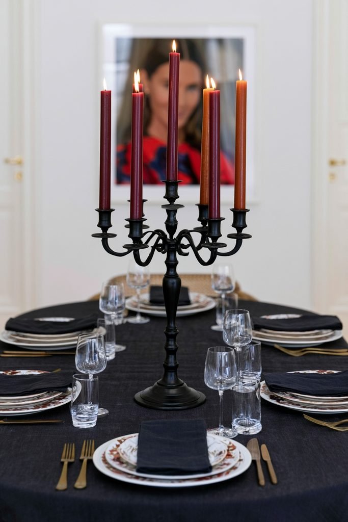 Black iron multi-arm candelabra with burgundy and amber candles on a dining table