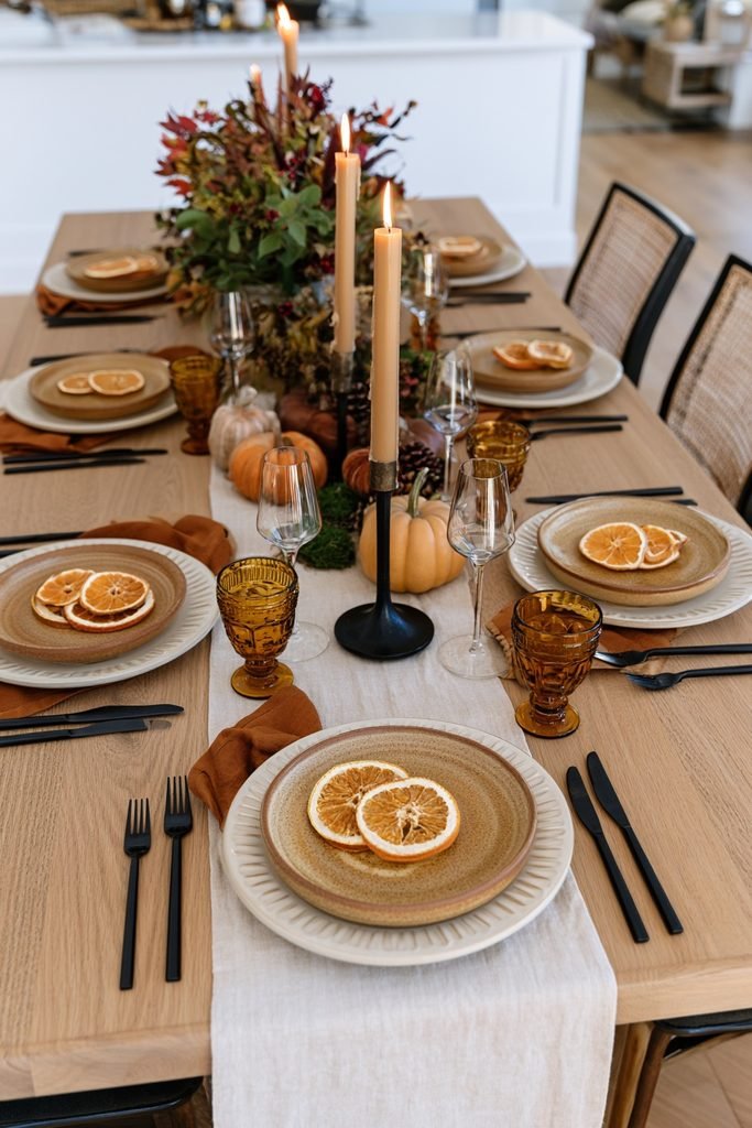 Fall tablescape with dried orange slices, pumpkin-colored dinnerware, amber glasses and a seasonal centerpiece.
