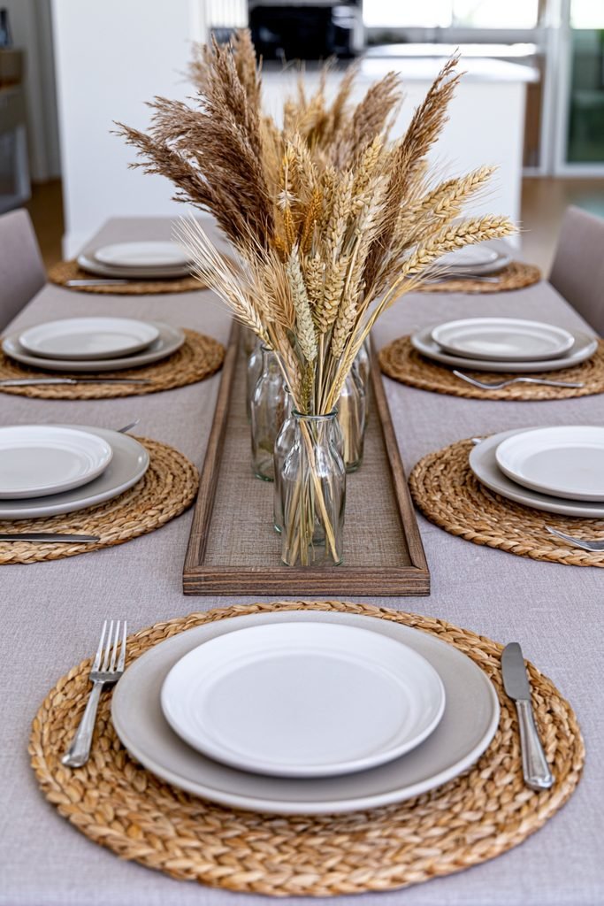 Long fall table tray with glass bud bottles filled with dried wheat stalks and pampas grass as a harvest centerpiece.