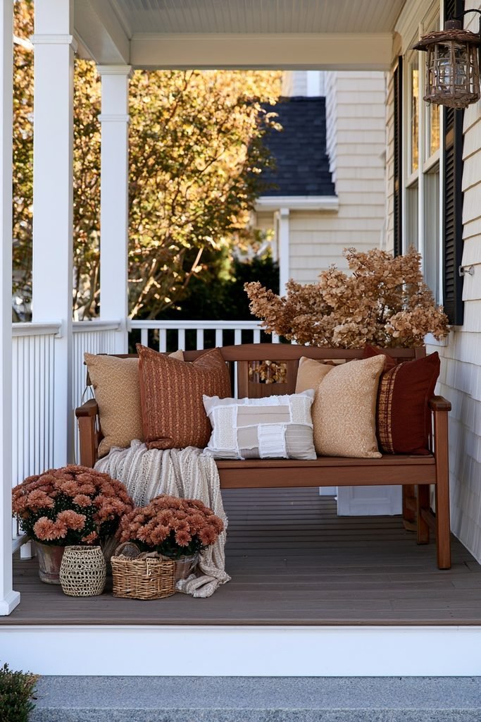 Wooden porch bench decorated with textured fall throw pillows, a woven blanket, mums, and rustic lantern decor.
