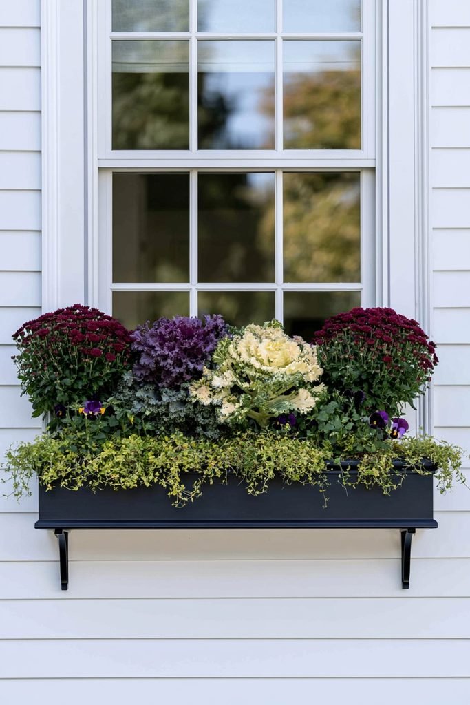 Window box with flowering kale, mums, creeping Jenny, and pansies