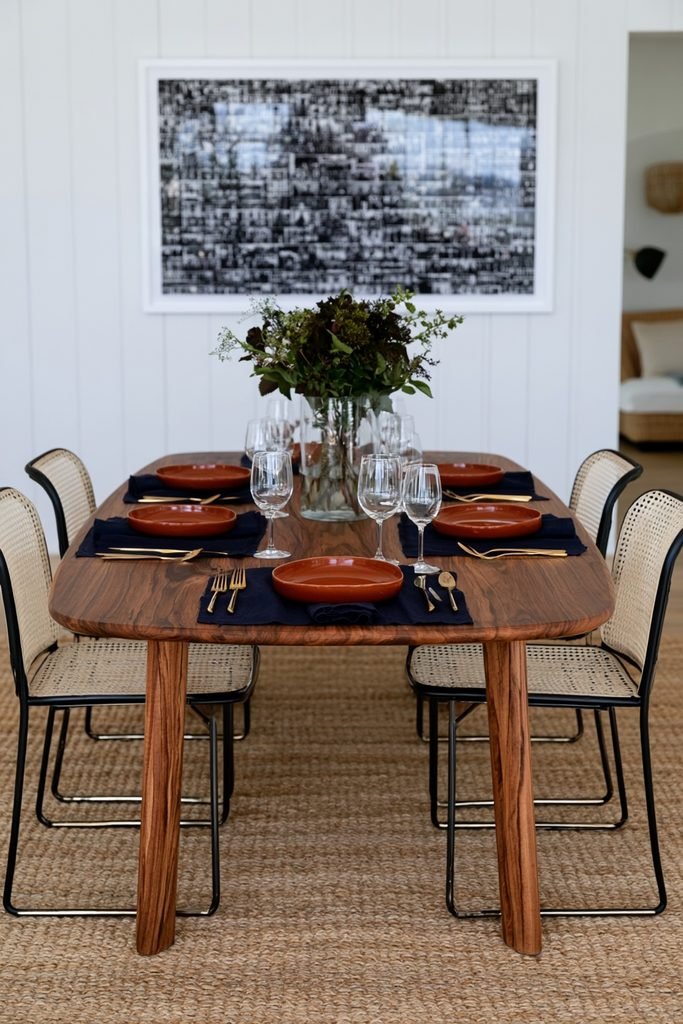 Gold-dipped flatware paired with navy napkins and burnt orange plates