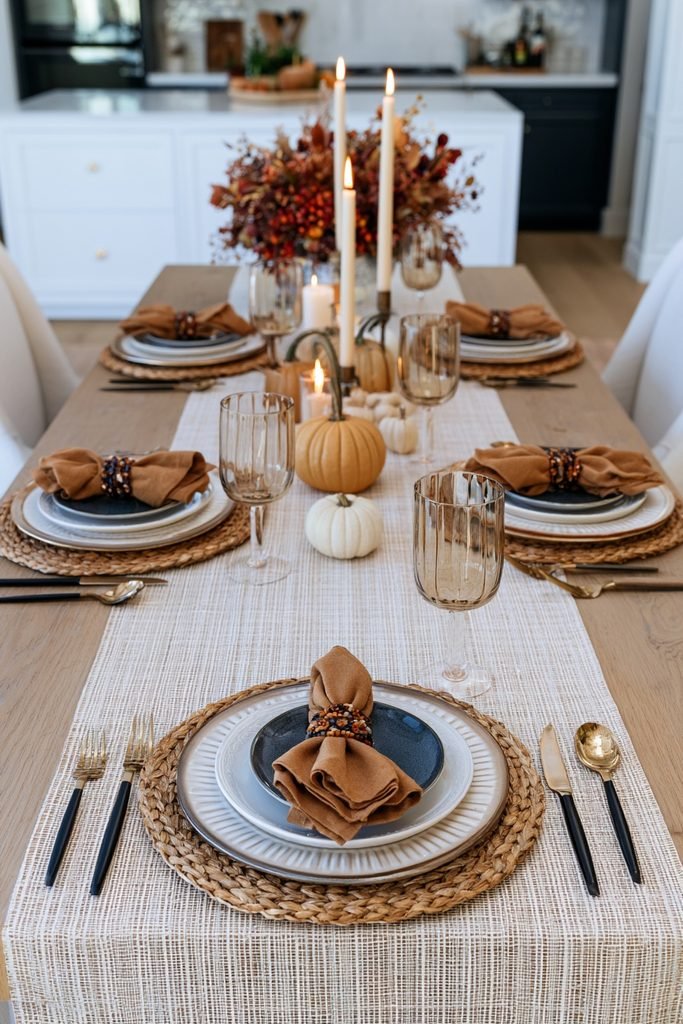 Seasonal fall dining table place settings with decorative napkin rings, layered plates, pumpkins and candles.