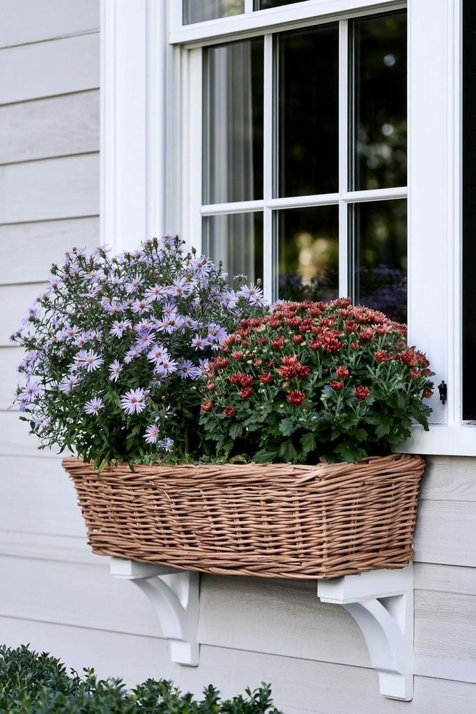 Purple New England asters paired with mums in a fall window box