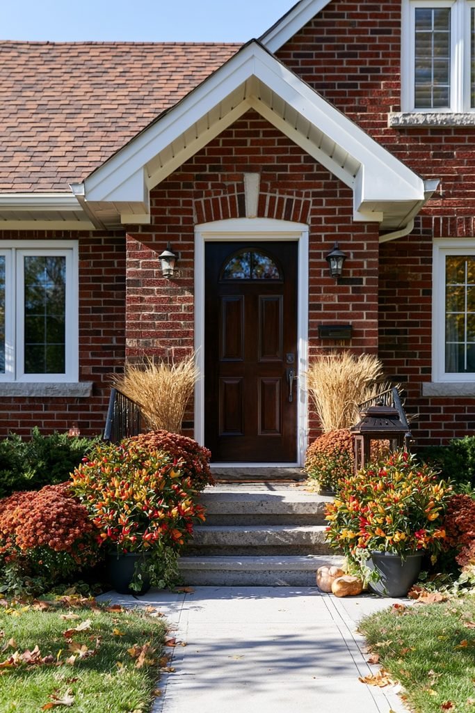 Colorful ornamental pepper plants with rust-colored mums, dried wheat, gourds, and a wooden lantern.