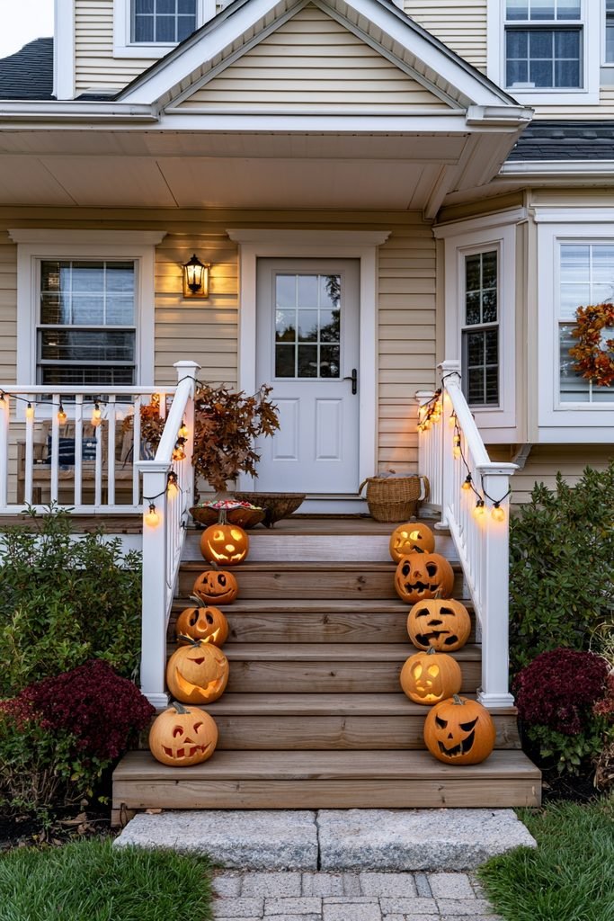Playful Halloween front porch with jack-o'-lanterns, warm orange string lights, burgundy mums, and a fall wreath.