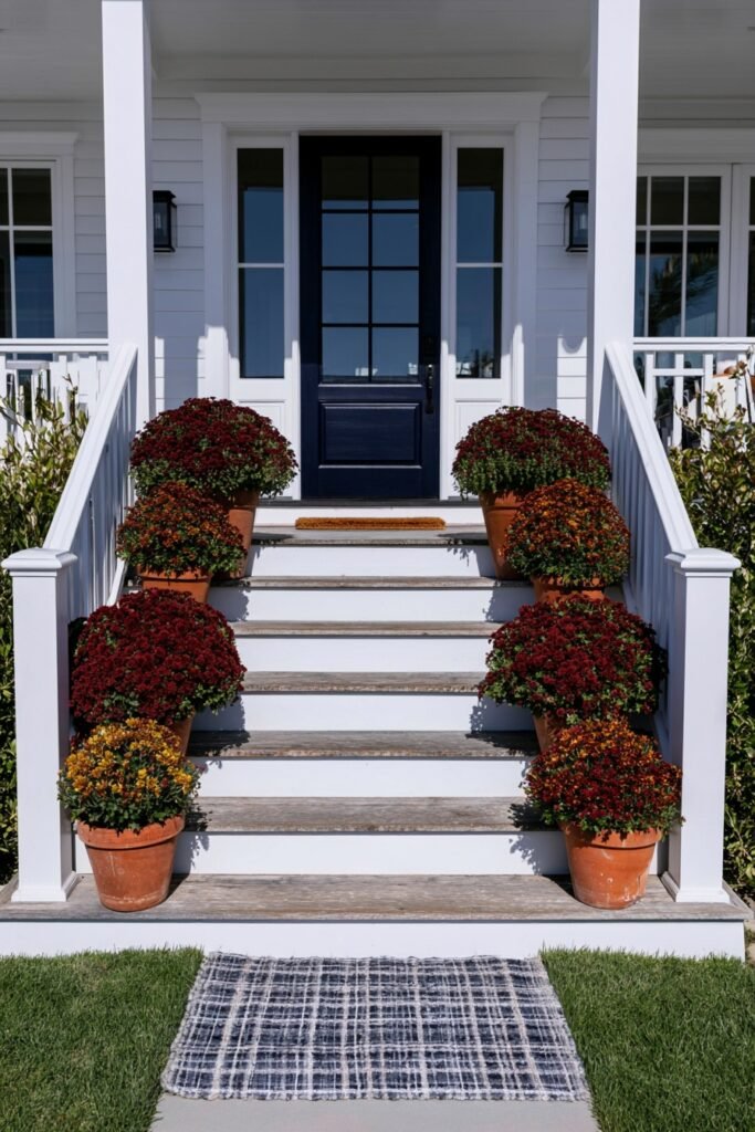 Farmhouse fall porch steps lined with terracotta pots of rust and gold mums