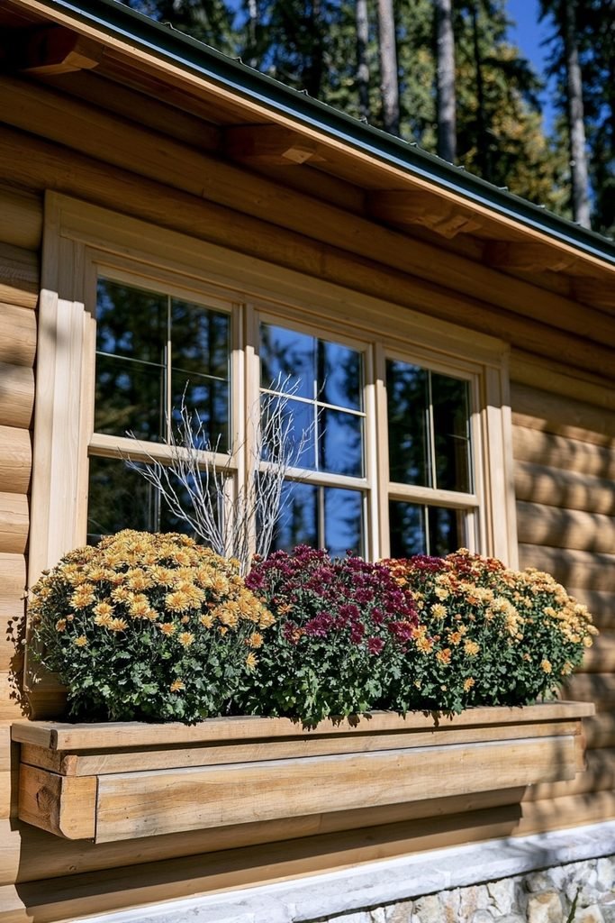 Bare twig accents rising above rust and orange mums in a window box