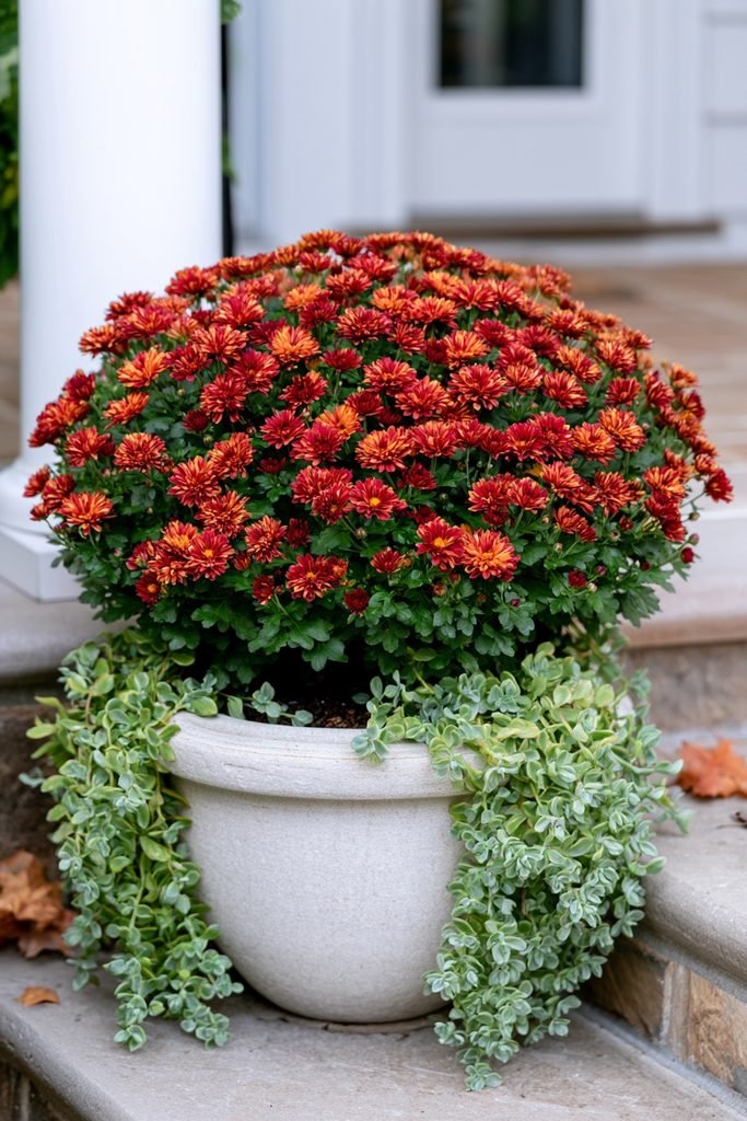 Burgundy and orange mums paired with trailing sedum for a succulent low-water fall planter