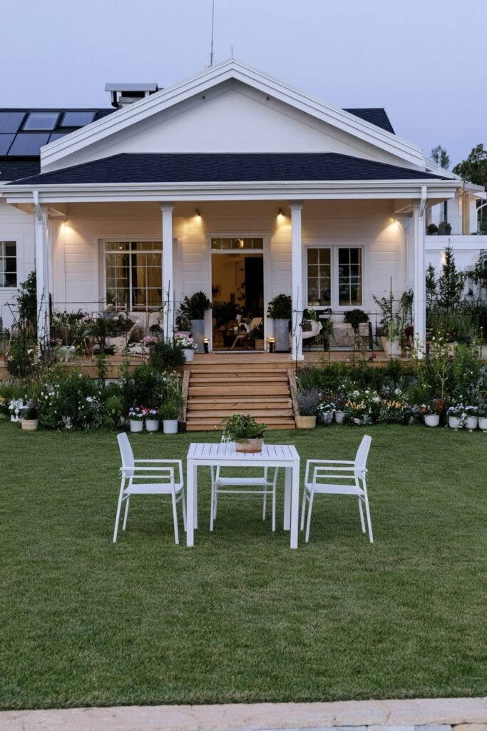 Solar spotlights illuminating porch columns in the evening