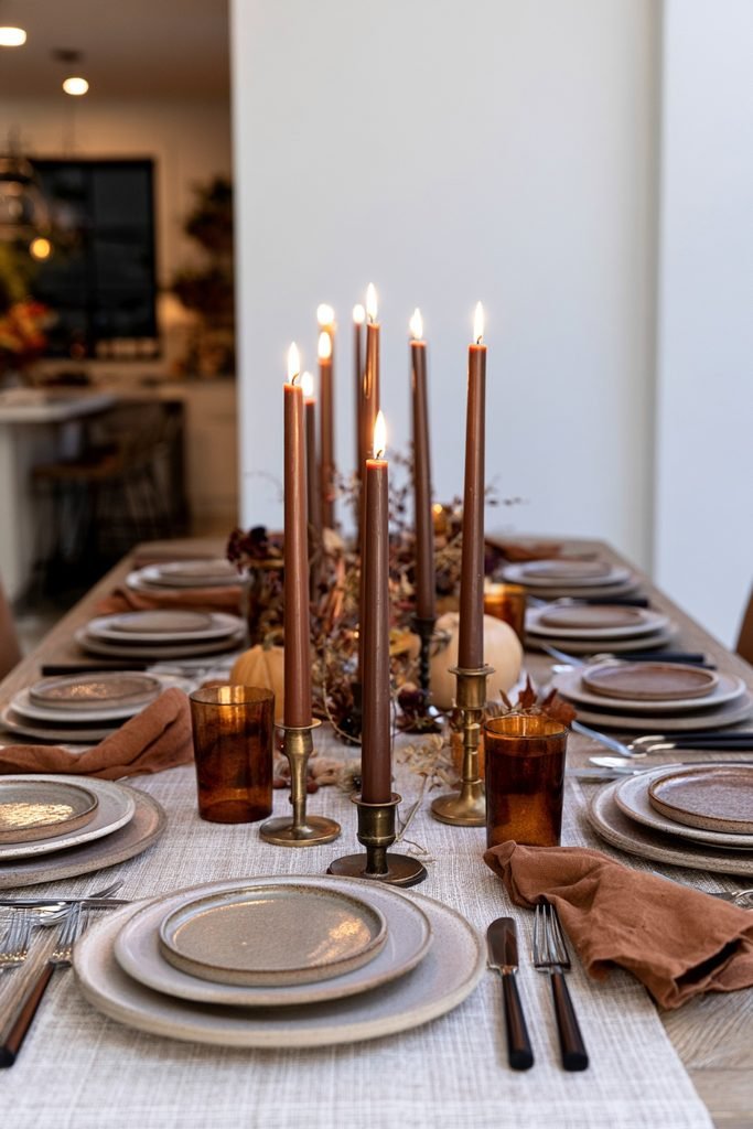 Cozy fall dining table decorated with warm-colored taper candles, autumn foliage, pumpkins and elegant place settings.