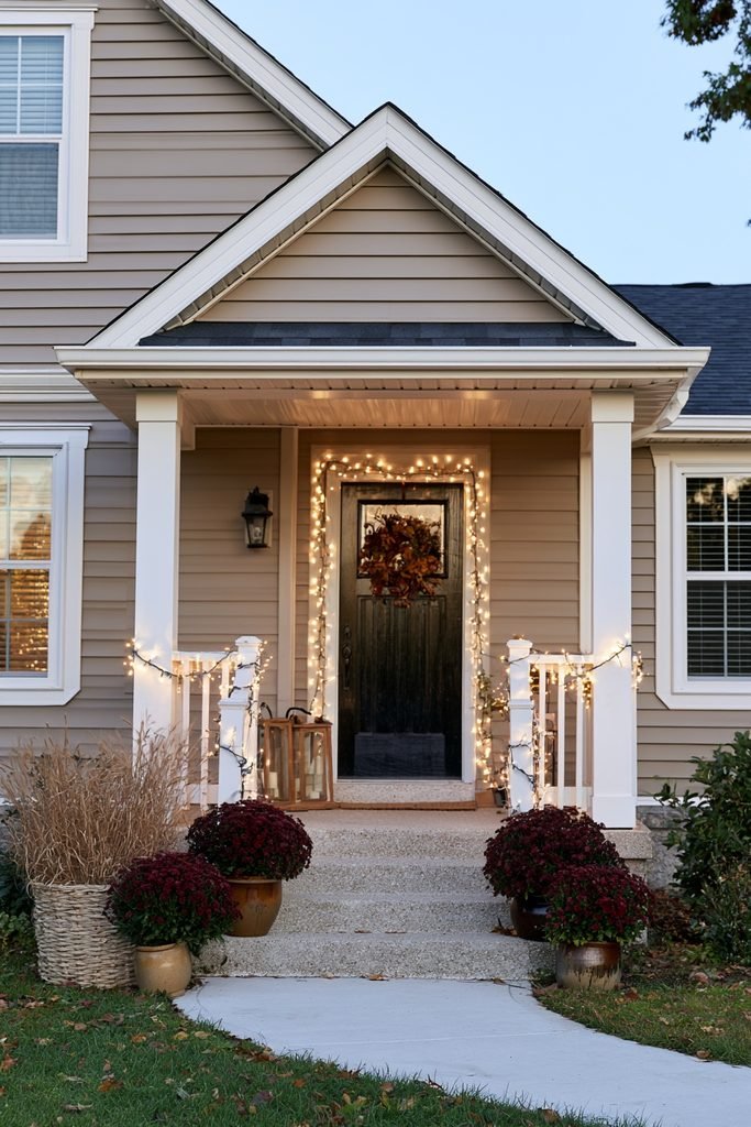 Warm string lights glowing around a cozy fall front porch with burgundy mums, dried grasses, and lanterns.