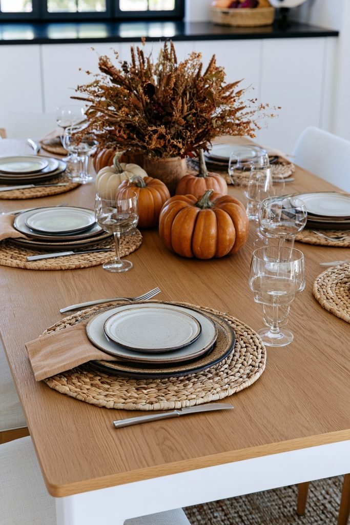 Rustic fall tablescape with woven placemats, stoneware dinner plates, linen napkins and a natural autumn centerpiece.