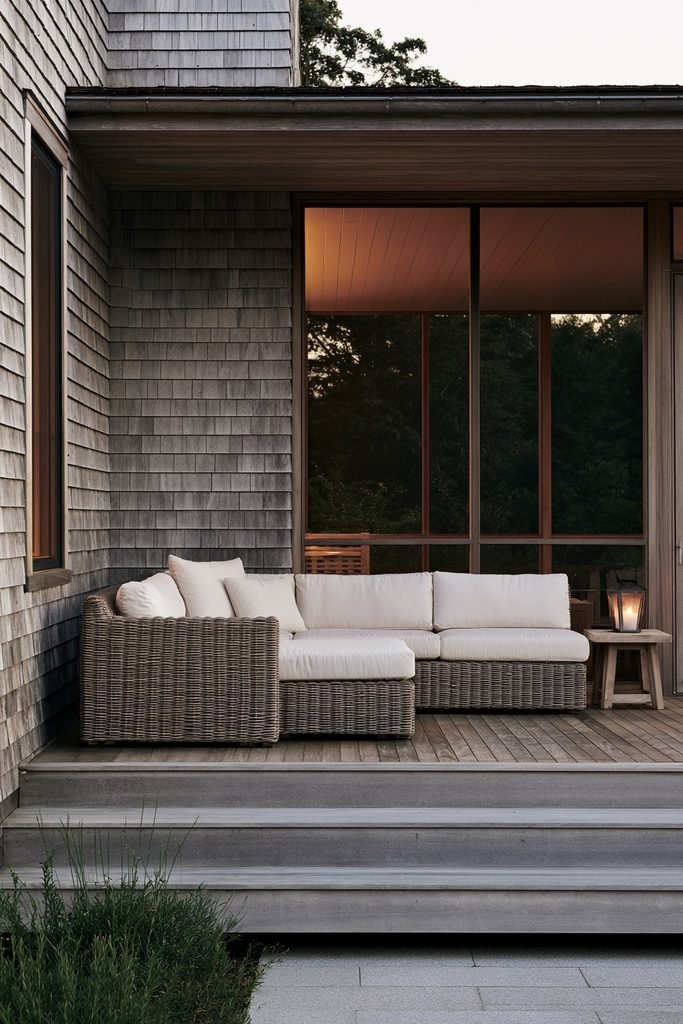 Cozy fall front porch seating nook with wooden rocking chairs, plaid cushions, a throw blanket, and lantern.