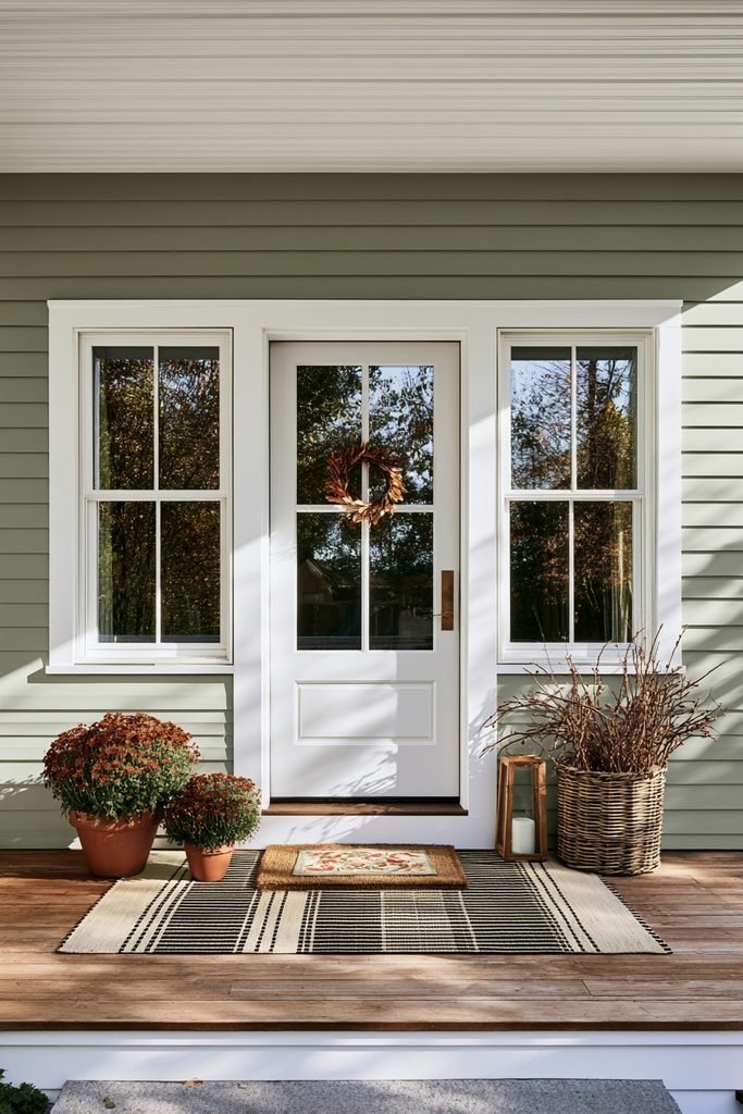 Layered fall doormat placed over a striped outdoor rug on a cozy decorated front porch.