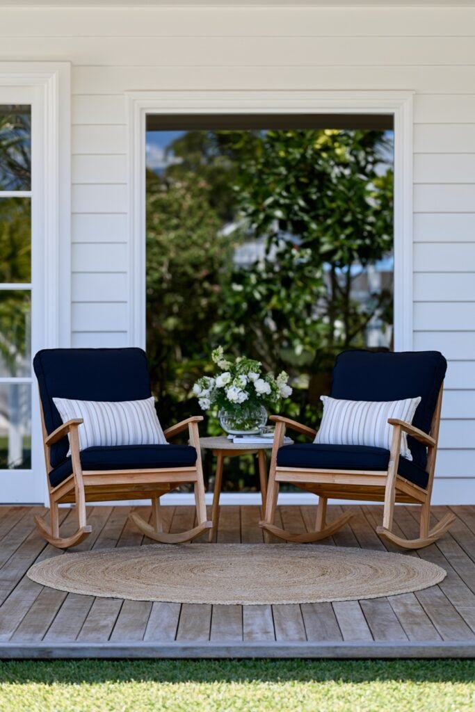 Farmhouse fall porch with a pair of rocking chairs facing each other around a small table