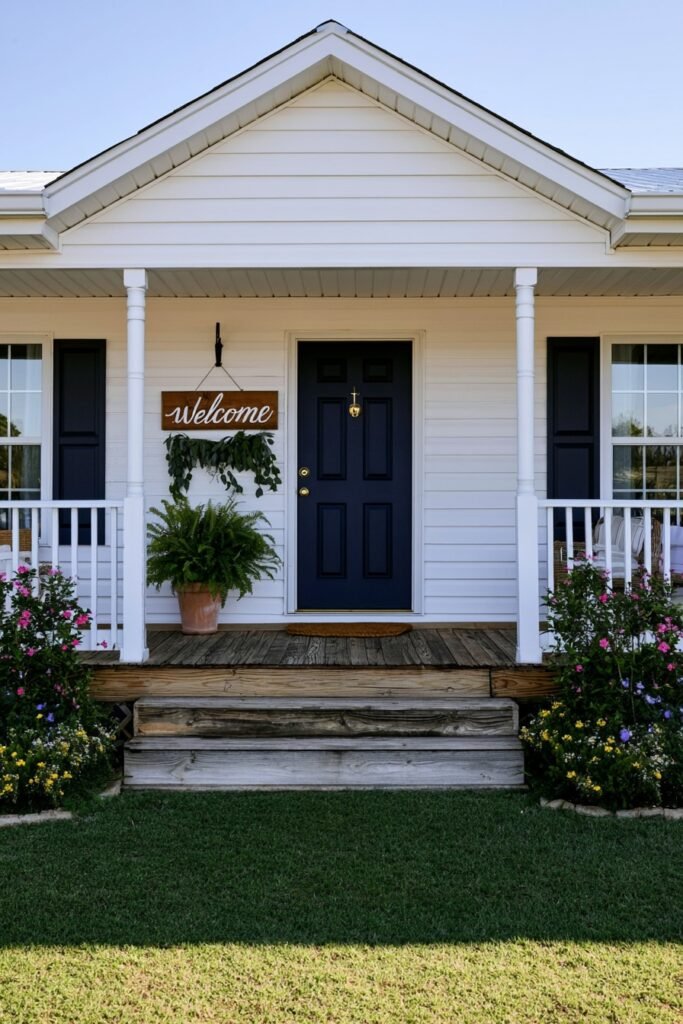Farmhouse fall porch wooden welcome sign hung beside a potted fern and leaf garland