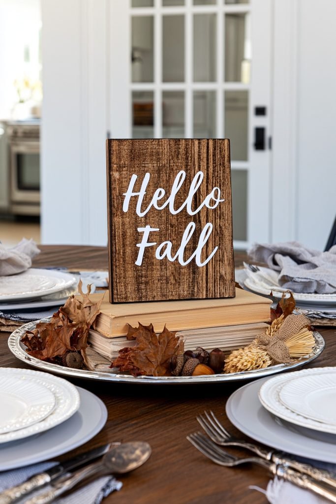 Rustic Hello Fall wooden sign displayed on a dining table tray with vintage cookbooks, acorns, and dried maple leaves.