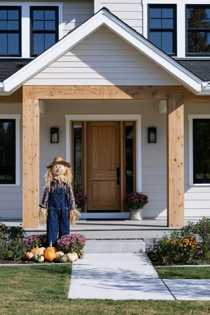 DIY scarecrow leaning against a porch post