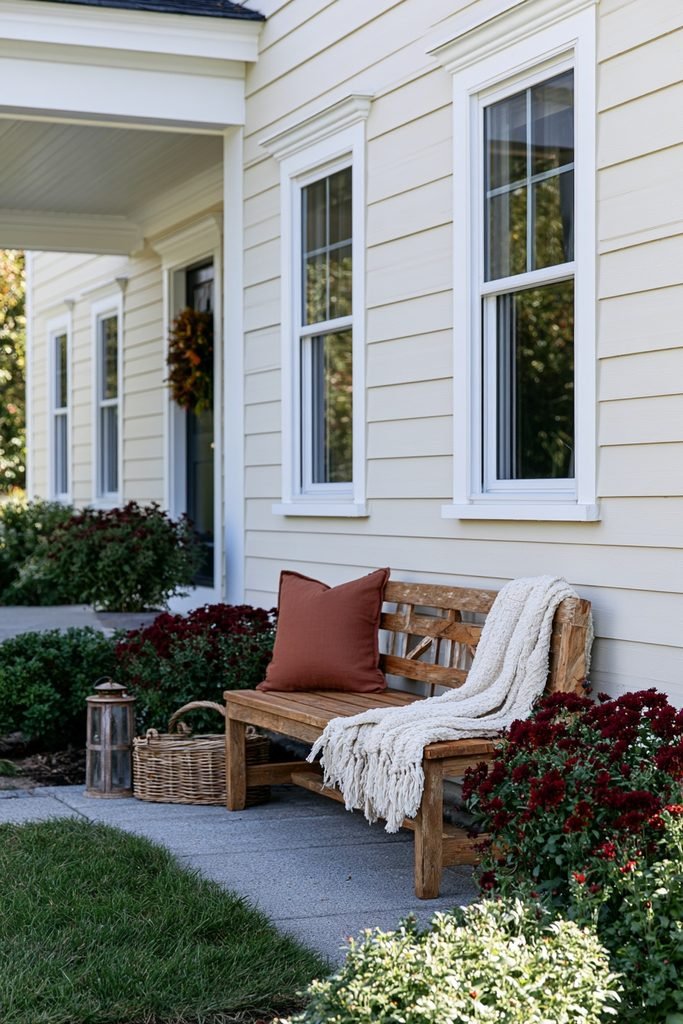 Small wooden bench on a cozy front porch with a rust-colored cushion, woven throw, mums, and lantern.