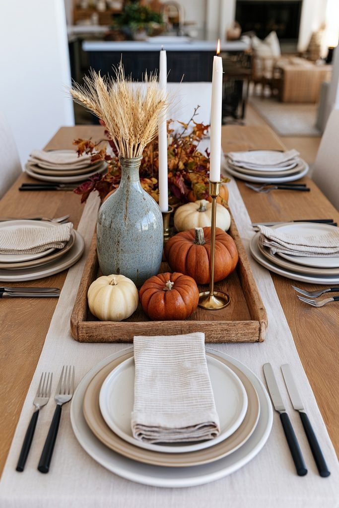 Patina blue fall tray with a weathered blue ceramic pitcher, antique blue plates, dried leaves, and brass accents.