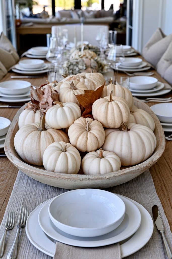 Elegant dough bowl centerpiece filled with cream and white pumpkins on a neutral fall dining table.