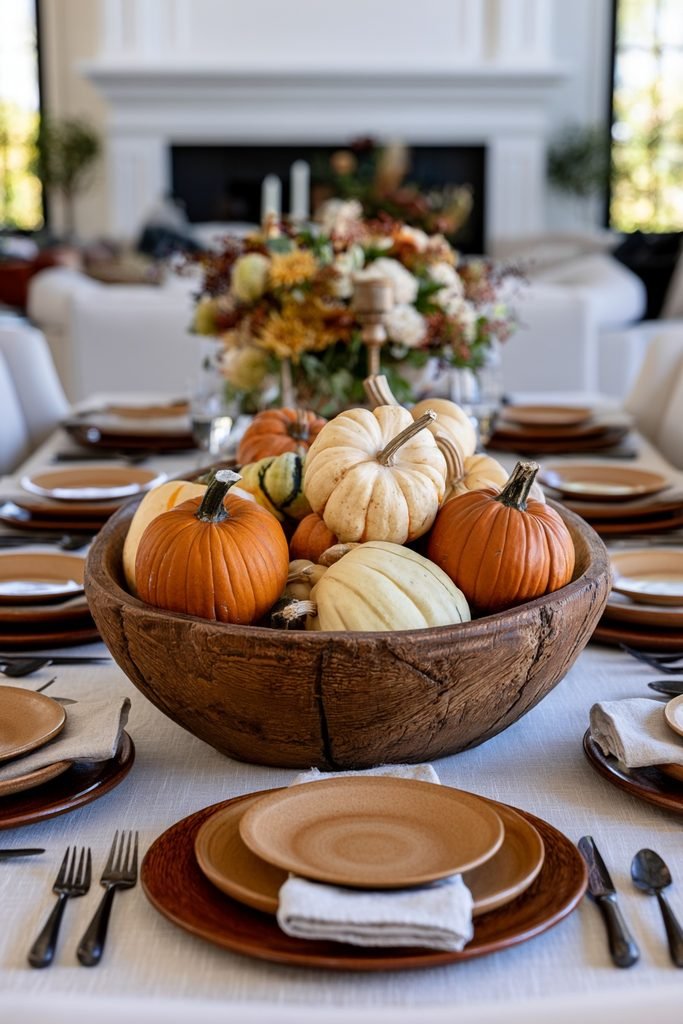 Deep primitive antique dough trencher filled with muted pumpkins and gourds on a rustic fall dining table