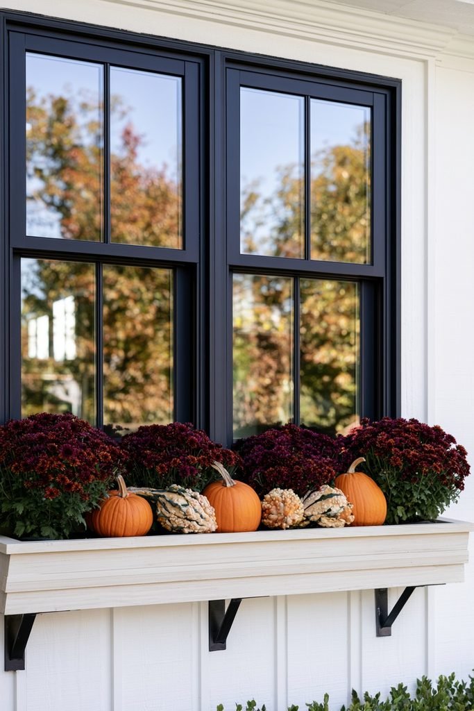 Fall window box with mini pumpkins and gourds nestled among mums