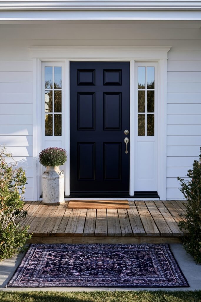 Farmhouse fall porch entry with a vintage milk can planted with mums beside the front door