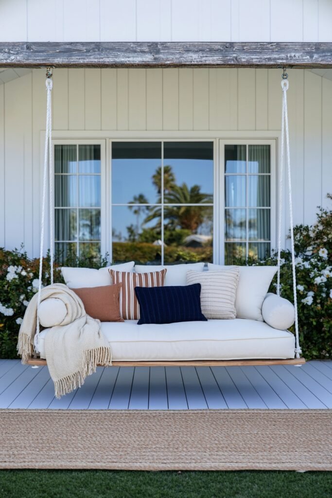 Farmhouse fall porch swing piled with cushions and a folded throw