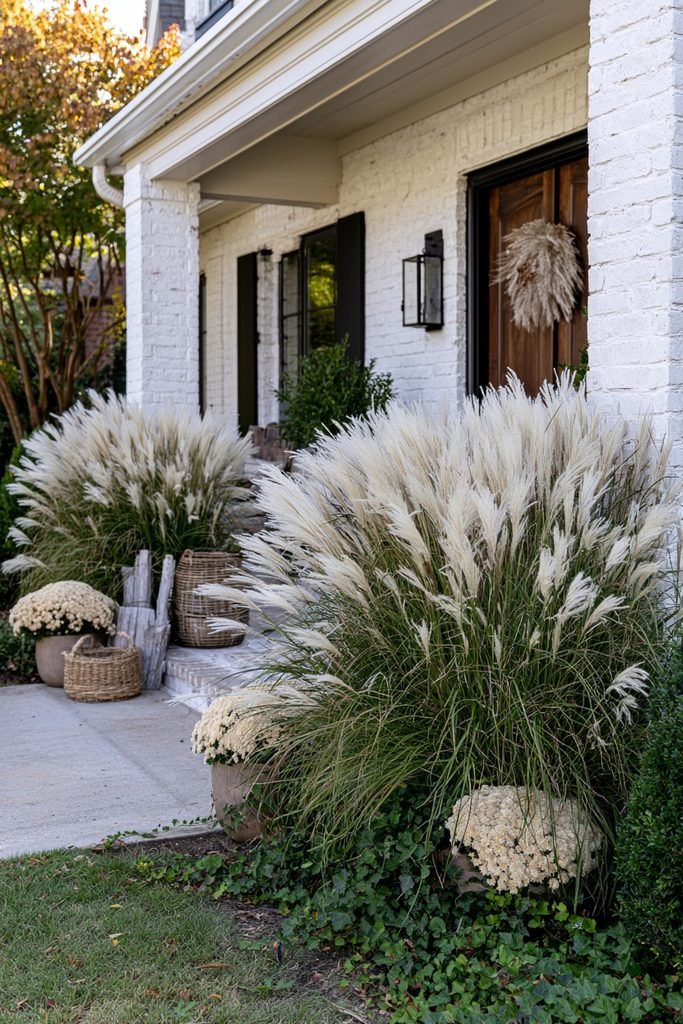 Tall feathery ornamental grasses and trailing ivy decorating a naturally styled fall front porch.