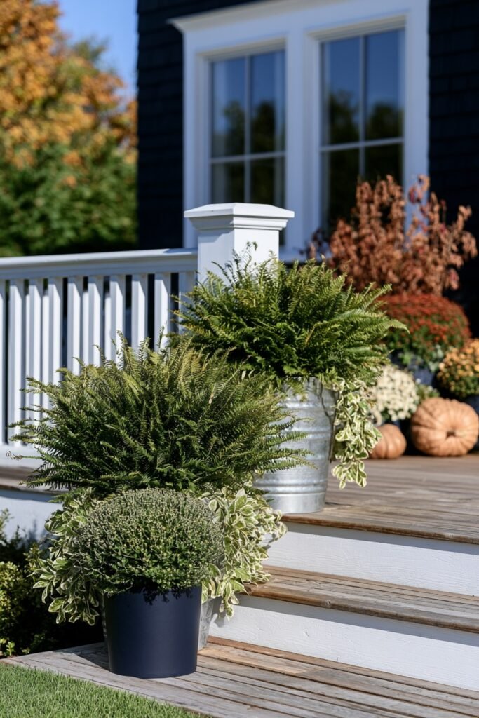 Farmhouse fall porch entry steps lined with galvanized buckets of ferns and dried gourds
