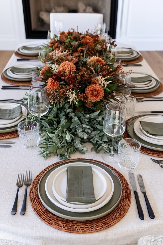 Elegant fall dining table decorated with sage and eucalyptus greenery, autumn flowers and warm seasonal place settings.