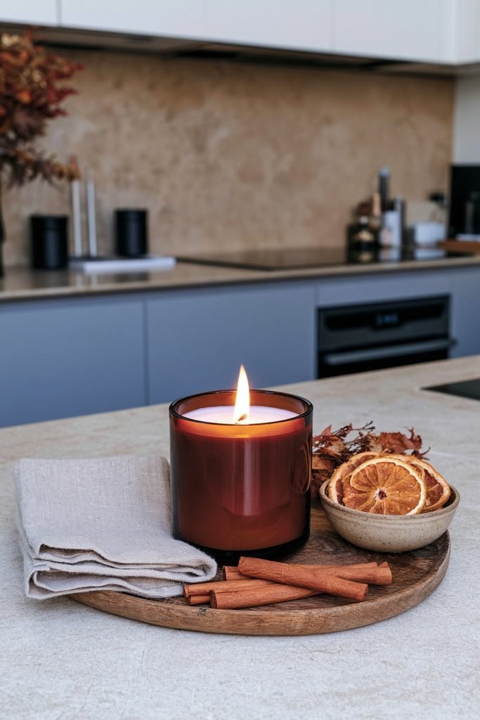 Simple amber glass fall candle styled on a modern small kitchen counter