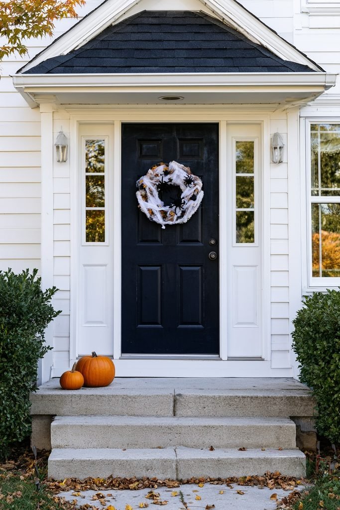 DIY Halloween wreath made with faux spiders and cobwebs hanging on a front door.