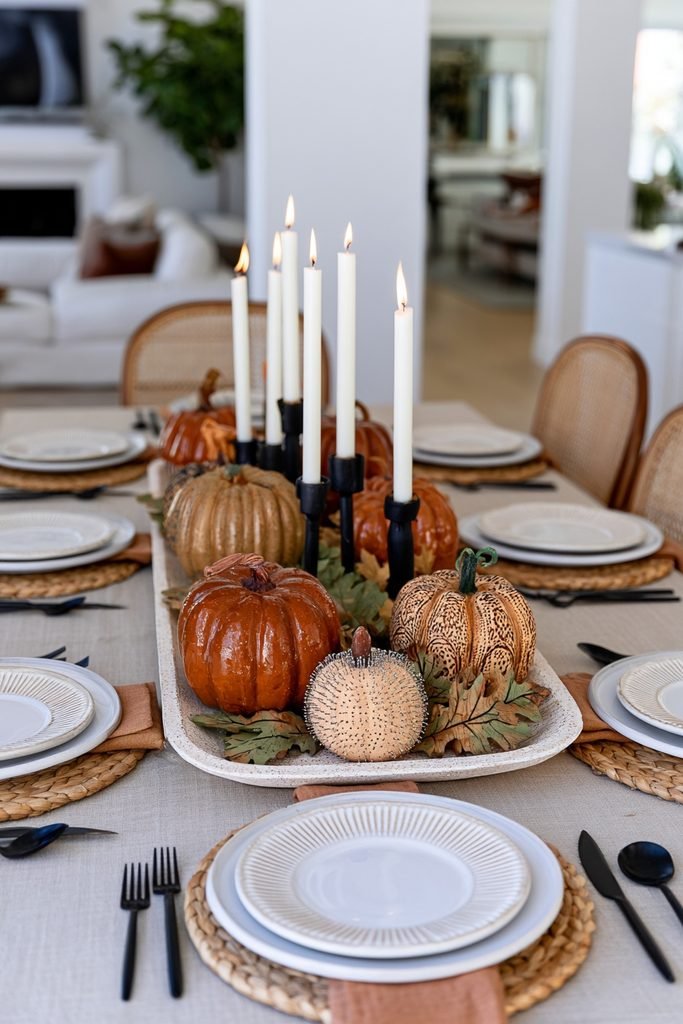 Budget-friendly DIY fall tray decorated with handmade foam pumpkins, caramel apple designs, thumbtack details, and wooden leaves.