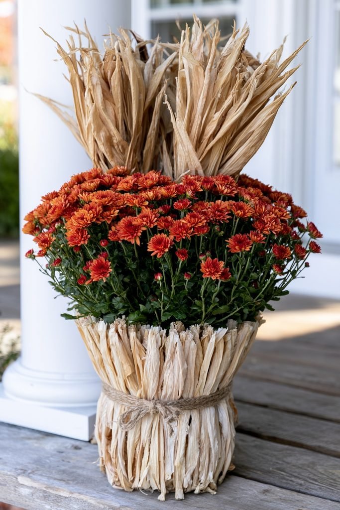 Potted chrysanthemum surrounded by corn husks and dried corn stalks for a rustic fall harvest vase