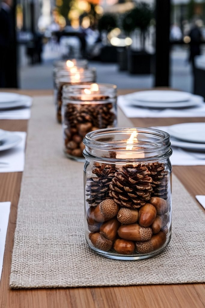 DIY mason jar candle holder filled with acorns and a lit tea light for fall