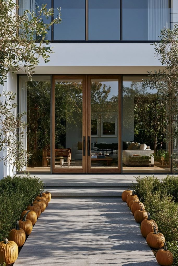 Bright orange pumpkins lining a walkway leading to a beautifully decorated fall front porch.