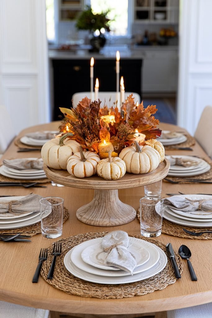 Raised fall dining table centerpiece with pumpkins, gourds, autumn leaves, dried flowers and candles.