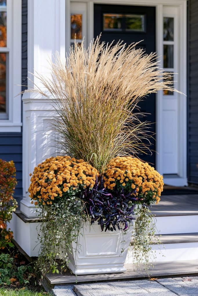 Fall container garden with mums as the filler, ornamental grass, trailing foliage, and ornamental peppers