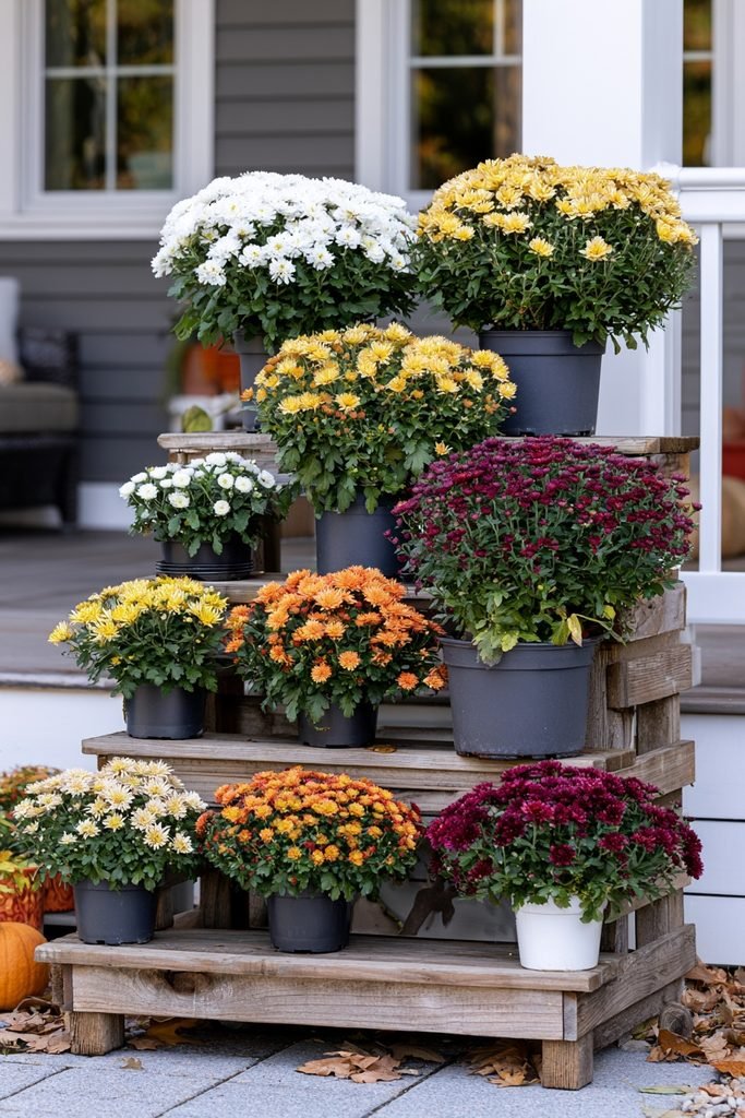 Tiered wooden plant stand displaying colorful chrysanthemum mums in a festive fall porch arrangement