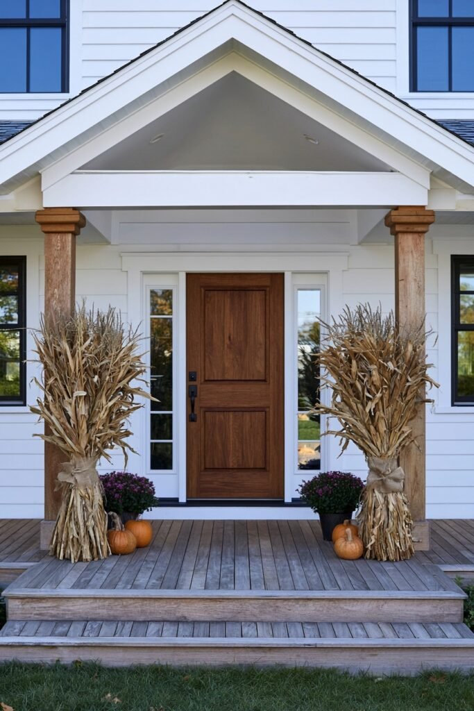 Cornstalks tied with burlap ribbon leaning against a porch post