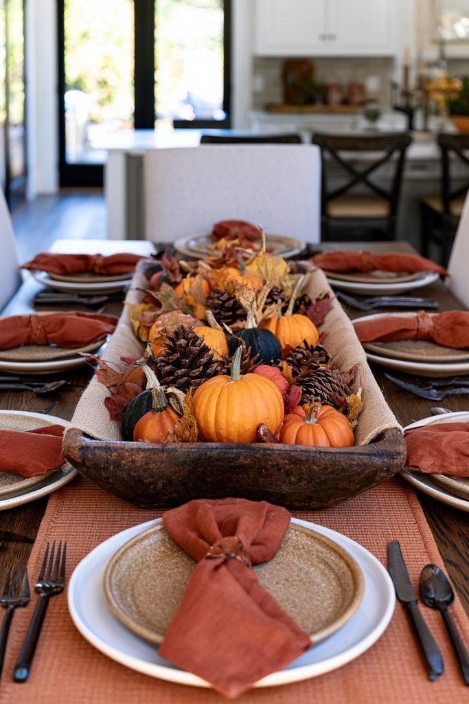 Primitive wooden dough bowl lined with burlap and filled with pumpkins, gourds, pinecones, and fall leaves.